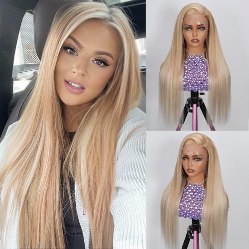 Ombre Balayage Ash Blonde Wig Human Hair,13x6 HD Glueless Lace Front Wigs Pre Plucked Virgin Hair 180% Density Light Brown to Platinum Blonde Highlights Silky Straight Baby Hair with Baby Hair