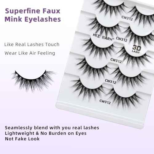 Miz Barn Lashes 3D Cashmere Long Extension Eyelashes Natural Look Soft Reusable False Eyelashes Multipack Wispy Fake Eyelashes 5 Pairs Natural Strip Lashes (CW312)