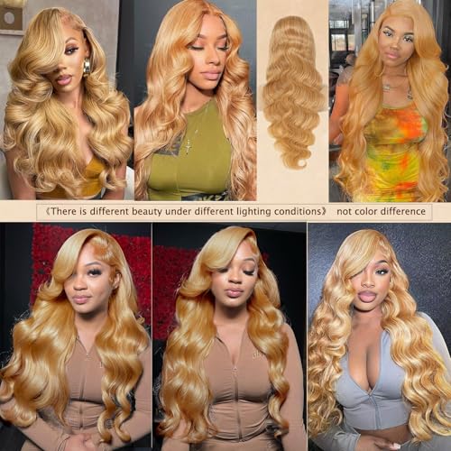 Honey Blonde Lace Front Wig 13x6 HD Lace Front Wigs Human Hair Pre Plucked 27# Blonde Body Wave Lace Wig 180 Density Colored Glueless Frontal Wigs For Black Women Human Hair 13x6 24 Inch