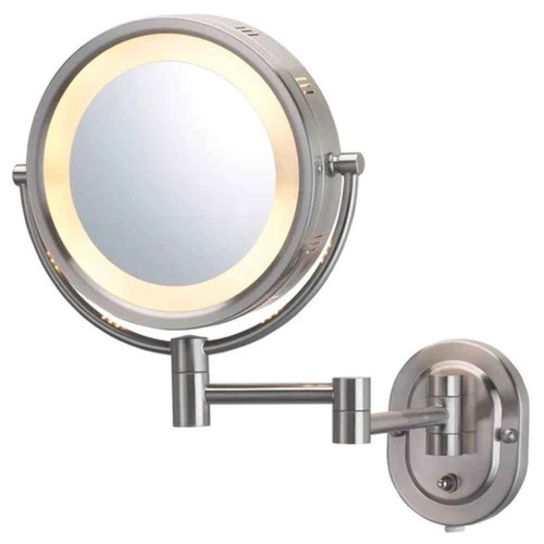 JERDON Wall-Mounted Makeup Mirror with 5X Magnification - Nickel Makeup Mirror with LED Lights - Plug in - HL65N