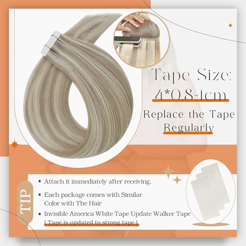 Full Shine Tape in Human Hair Extensions 24 Inch Real Human Hair Tape in Extensions 50 Gram Seamless Hair Extensions 20pcs Ash Blonde Highlights Bleach Blonde Skin Weft Double Side Brazilian Hair