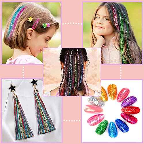 48 Inch Glitter Hair Tinsel Extensions Kit (16 Colors, 4800 Strands) With Tools - Heat Resistant Fairy Hair Accessories for Women, Girls, Kids