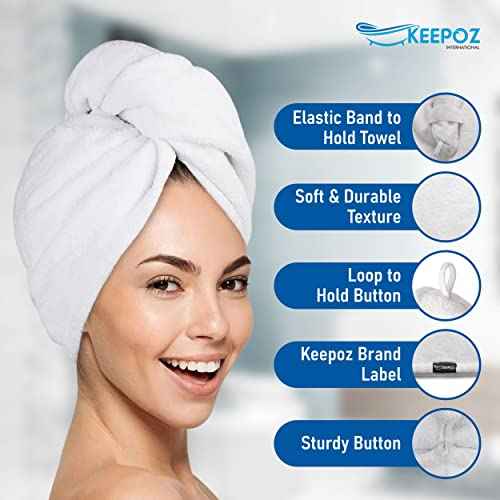 KEEPOZ 100% Cotton Hair Towel Wrap Quick Dry Super Absorbent Turban Head Wrap for Women with Button, Anti Frizz, Hair Cap for Curly, Long & Thick Hair (White, 1 Pc)