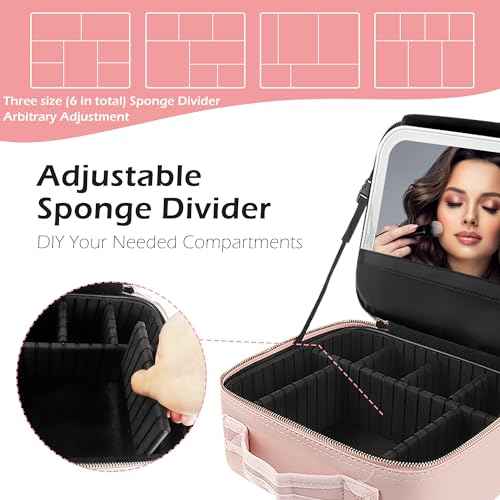 MOMIRA Travel Makeup Bag Cosmetic Bag with Lighted Mirror, Adjustable Brightness in 3 Color Scenarios, Waterproof, 10x Magnifying Mirror, Rotatable Independent Light Mirror- Pink(Solid)