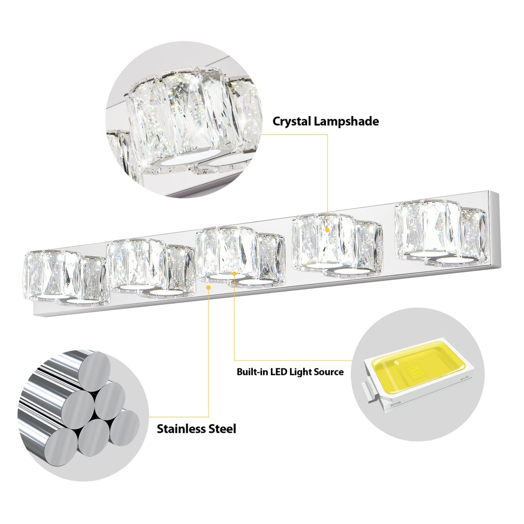 Modern 5-Light LED Wall Sconce - Chrome & Crystal Vanity Light