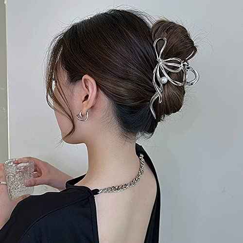 Pearl Metal Hair Clips For Women£¬Silver Hair Clips With Bow tie Style Non-Slip Metal Hair Claw Clips £¬ Easy Pulling Up Your Hair Accessories for Women & Girls