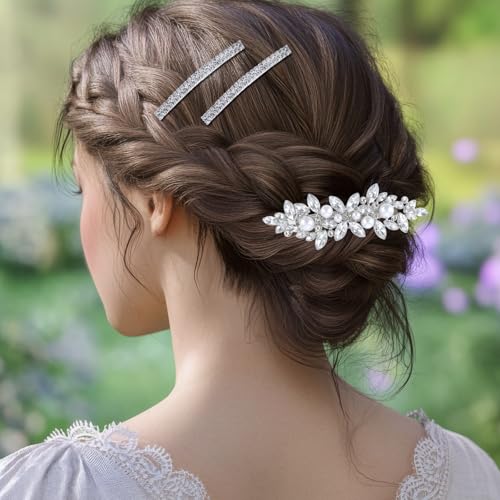 4PCS Hair Barrettes, Rhinestone Hair Clips, 3 Styles Silver Hairpins for Women and Girls, Alloy Hairclips with Rhinestone and Pearl, Sparkly Hair-Accessories for Wedding, Party, Dance and Daily Wear