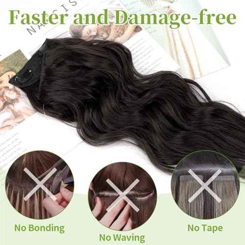 KooKaStyle Invisible Wire Hair Extensions with Transparent Wire Adjustable Size 4 Secure Clips Long Wavy Secret Synthetic Hairpiece 20 Inch 120g Rich Dark Brown with Warm Tones for Women