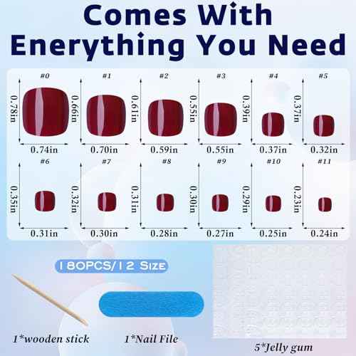 Press on Toenails Short Square Burgundy Fake Toenail Glue ons Glossy Acrylic False Toe Press on Nails Artificial Toe Nail Tips for Women Girls,180Pcs