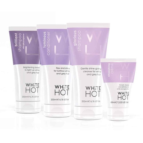 White Hot Short Hair Quartet, brightening hair care regime with texturising styling cream for shorter white & grey hair, purple shampoo
