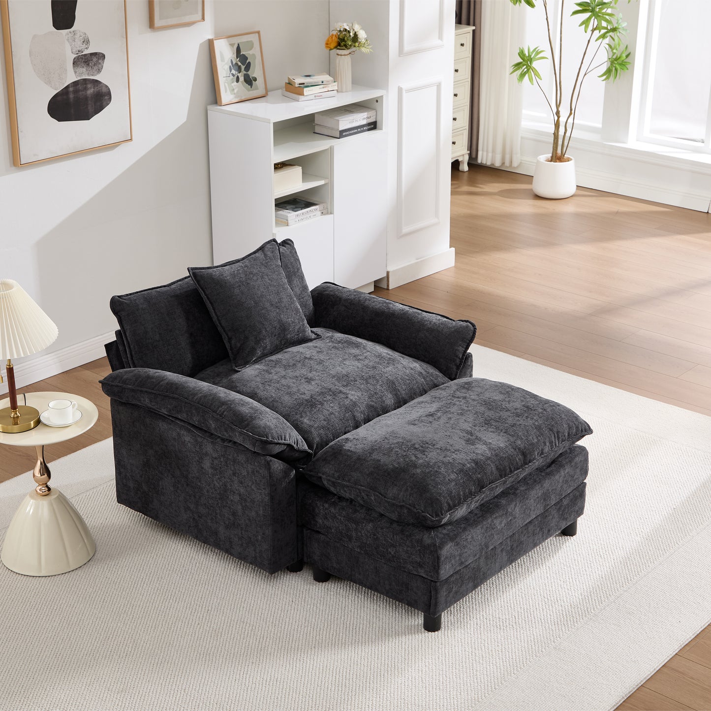 Modern Chenille Accent Chair with Ottoman - Black
