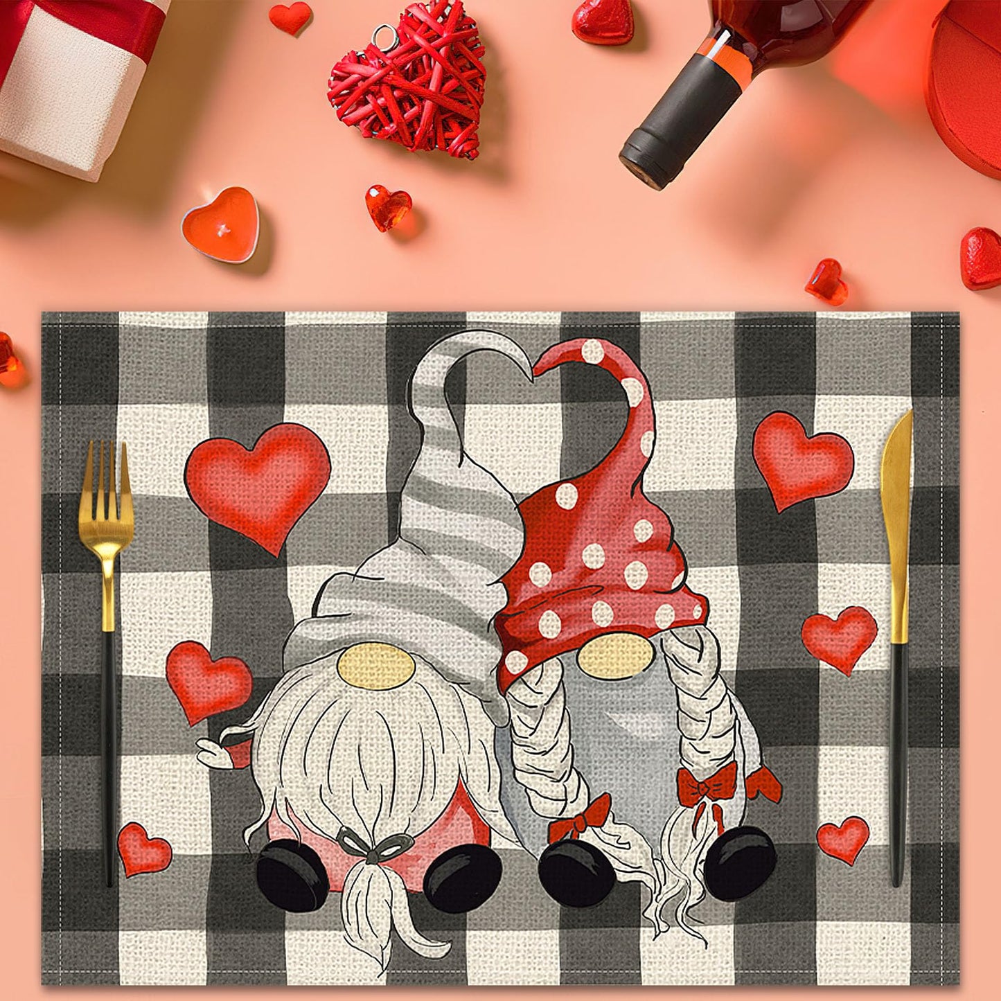 Valentine's Day Gnome Placemats Set of 4 - 17x12.5 Inches