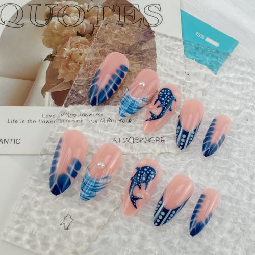 Almond Press on Nails Medium French Tip Fake Nails with 3D Pearl Drip Gel Summer Glue on Nails Blue Shark False Nails Ocean Whale Artificial Stick on Nail Cute Acrylic Nail for Women Manicure 24Pcs