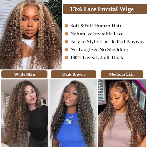 Honey Blonde 13x6 Deep Curly Lace Front Wigs Human Hair Pre Plucked Curly Frontal Wig 26 inch 4/27 Highlight Ombre Deep Jerry Curly HD Lace Front Wigs 180% Density Curly Lace Front Wig for Women