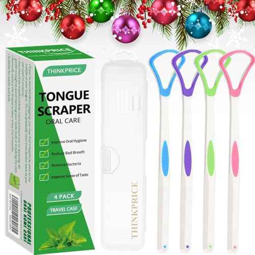Tongue Scraper Cleaner 100% BPA Free Tongue Scrapers with Travel Handy Case for Adults, Kids, Healthy Oral Care, Easy to Use, Help Fight Bad Breath (4 PACK)