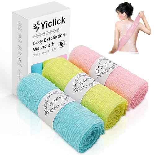 Yiclick Exfoliating Washcloth Towel [3 Pack], Japanese Exfoliating Wash Cloth, Korean Body Scrubber Exfoliator, Back Scrubber Washer for Shower Bath, Body Scrub African Net Sponge Loofah Luffa Colors