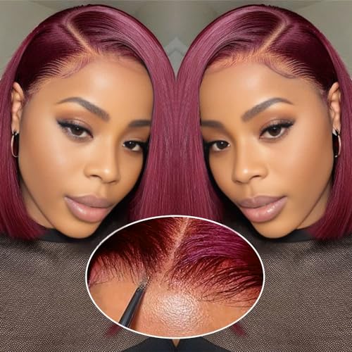 Bob Wig Human Hair Glueless 99J Burgundy 14 Inch 9x6 HD Lace Front Glueless Wigs Human Hair Pre Plucked Pre Cut 200% Density Straight Bob Wigs for Black Women