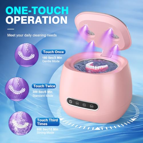 Rechargeable Ultrasonic Retainer Cleaner Machine, 45kHz Portable Dental Cleaning Pod for Dentures, Night Guards, Braces, Aligner, Toothbrush, Jewelry, 3 Cleaning Modes, 200ML Capacity, Pink