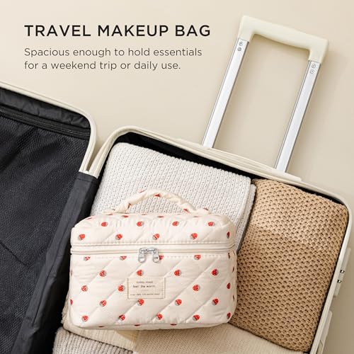 HBselect Quilted Makeup Bag, Portable Cotton Large Travel Makeup Bag, Cute Coquette Strawberries Floral Cosmetic Bags Toiletry Bags for Women Teen Girls Mom