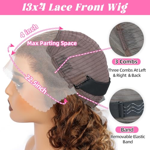 16Inch Highlighted Deep wave Lace Front Wig Human Hair Honey Blonde Highlight Deep Wave Wigs Human Hair 4/27 Curly Highlighted Wig for Black Women Pre-Plucked 180% Ombre Curly Wigs Glueless