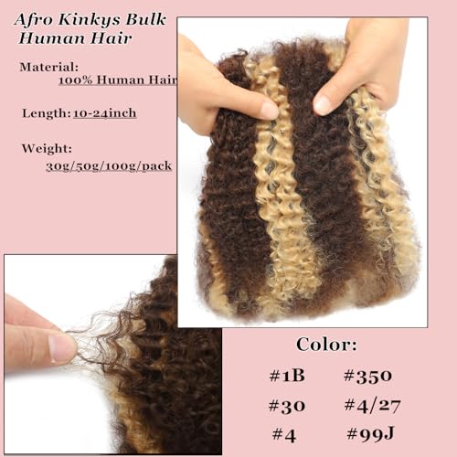 Highlight Ombre Afro Kinkys Bulk Human Hair for Micro Twists 26 Inch Dreadlock Extensions Kinky Curly Bundles Human Braiding Hair for Woman 50g/PCS