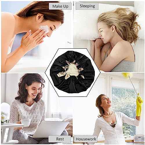 Silk Bonnet for Sleeping Satin Bonnets Double Layer Reversible Hair Cap Bonnet for Women Long Curly Braid Hair (Black)