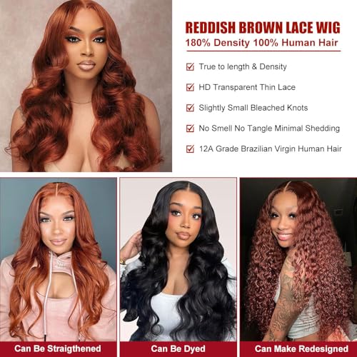 Reddish Brown Lace Front Wigs Human Hair 28 Inch 13x4 Body Wave HD Lace Frontal Wigs Human Hair for Women 180 Density Auburn Colored Copper Red Pre Plucked