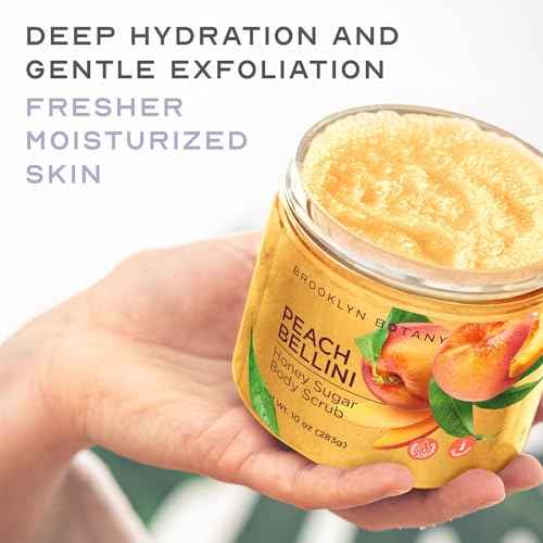 Brooklyn Botany Peach Bellini Honey Sugar Scrub for Body 10 oz ? Deeply Hydrating and Gently Exfoliating Body Scrub for Women and Men ? Moisturizing and Nourishing the Skin