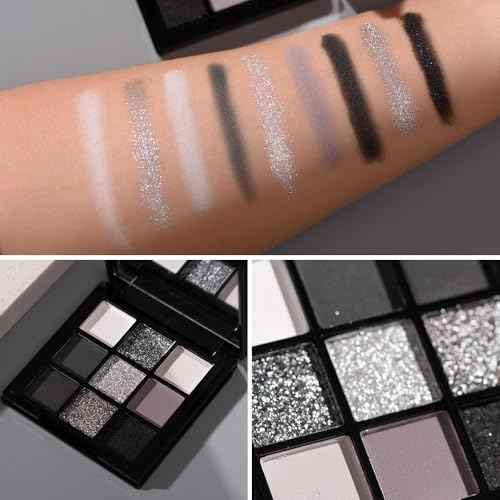 9 Color Smokey Eyeshadow Palette - Highly Pigmented Matte & Glitter Shades, Long-Lasting, Waterproof & Blendable, Black Silver Gray Eyeshadow Set for Sultry Glam (Reversal Star Smokey)