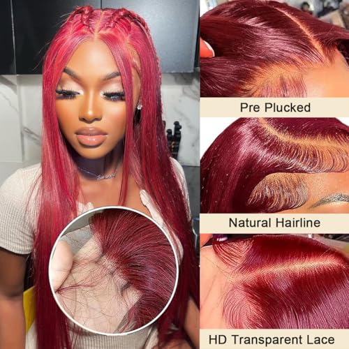 99j Burgundy Lace Front Wigs Human Hair 26 Inch 13x4 Straight HD Lace Front Wig Pre Plucked Wine Red Colored Glueless Lace Frontal Human Hair Wigs for Women