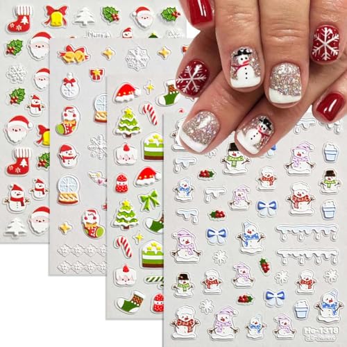 4Sheet Christmas Nail Sticker 5D Embossed Xmas Nail Art Decals Santa Claus Christmas Tree Elk Snowflake Snowman Design Winter Nail Art Sticker for Women DIY Manicure Decorations