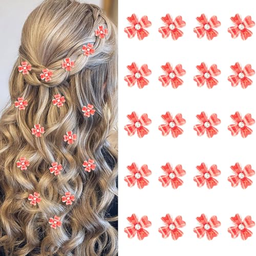 YISSION 20Pcs Mini Red Flower Hair Clips with Rhinestone Cute Hair Pins Decorative Hair Clips Wedding Hair Barrettes Bridal Hair Accessories for Girls Women