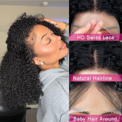 ijoy Kinky Curly Wig Human Hair 13x4 Lace Front Wigs 180 Density, 14 Inch Pre Plucked Afro Curly Human Hair Wig for Women, Natural Black, 4a/4b, Full and Thick(14inch)