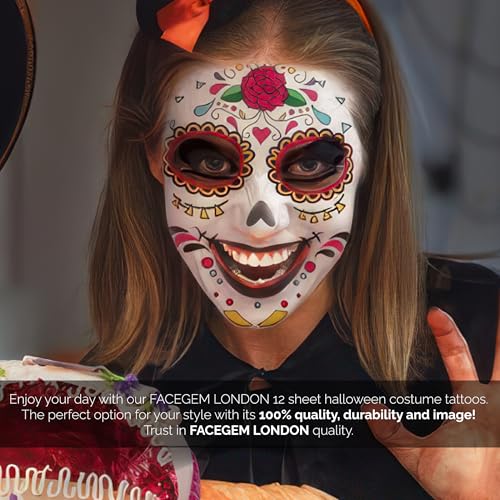 12 PCS Day of the Dead Costume Tattoos for Halloween - Temporary Sugar Skull Face Stickers for Makeup, Masquerade, Parties. Halloween tattoos, Face & Body Tattoos for Events. Day of the Dead Tattoos