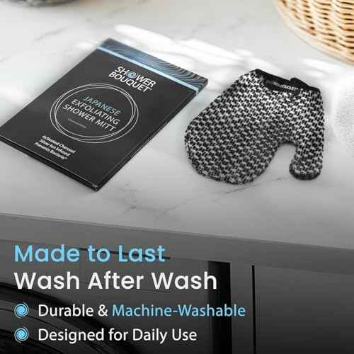 Japanese Exfoliating Mitt 2-Pack - Charcoal & Silver Ion Exfoliating Gloves for Shower - Soft Inner Fabric Gentle Exfoliation & Deep Cleansing Body Scrub Gloves for All Skin Types - 1 White, 1 Blue