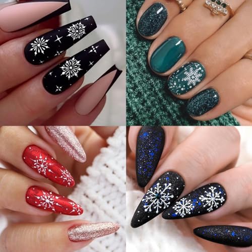Large Snowflake Nail Stickers, Christmas 3D Self-Adhesive Nail Art Decals - White Snowman Santa Elk Design for DIY Manicure Winter Xmas DIY Nail Decorations (4 Sheets)