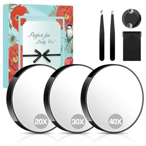 MIYADIVA Magnifying Mirror Set, 20x&30x&40x Suction Cup Makeup Mirror, 2 Tweezers & Storage Bag, 3.5 Inch Compact Mirror for Travel, Bathroom, Home, Gifts for Women