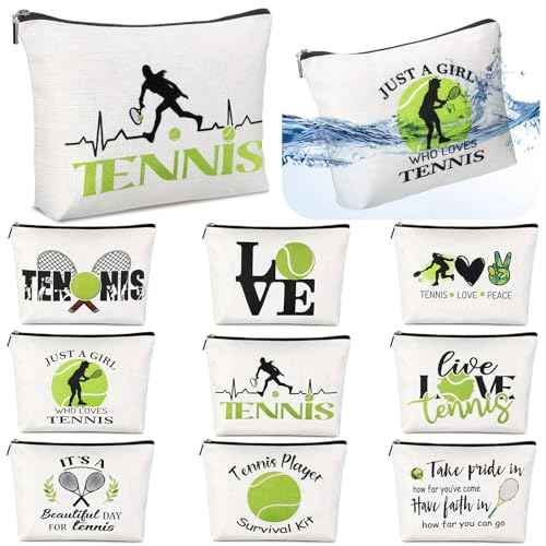 Pinkunn 9 Pieces Tennis Gifts for Women Tennis Makeup Bag Tennis Accessories Pouch Bag for Tennis Travel Zipper Cosmetic Bags for Tennis Lover Player Team Novelty Graduation Birthday Xmas Gift