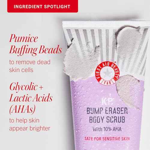 First Aid Beauty - KP Bump Eraser Body Scrub with 10% AHA, Keratosis Pilaris Skin Exfoliater with Glycolic and Lactic acids, Helps Reduce Chicken Skin Bumps, Safe for Sensitive Skin, 10 oz