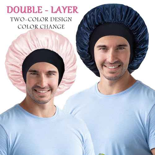 2pcs Bonnet for Men, Bonnets for Women, Satin Silk Hair Bonnet for Sleeping, Reversible Double Layer Wide Band Sleep Cap for Curly Hair Braids