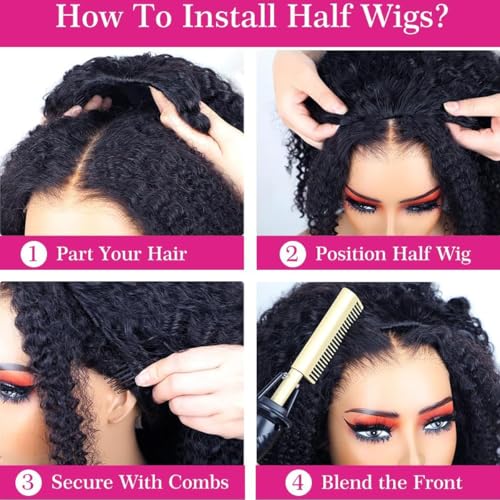 Half Wig Human Hair Water Wave Half Wig 3 in 1 Glueless Wigs 200 Density Wear and Go Wigs Seamless Flip Over with Drawstring Beginner Friendly Curly Wig Headband Wig for Women 20 Inch