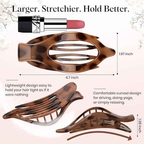 4 PCS Large Flat Hair Clips for Women Girls, French Concord Lay Down Claw Clips for Thick Thin Hair, Comfortable Curved Flat Clip, Leopard Print Stylish Strong Hold Hair Accessories, Tortoise