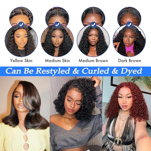 16 Inch Short Curly Bob Wigs Human Hair 13x4 Deep Wave Lace Front Wigs Human Hair for Black Women HD Lace Front Wigs Human Hair Pre Plucked with Baby Hair Chocolate Brown