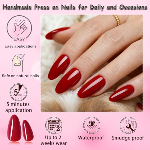 LoveOurHome 240pc Christmas Almond Press on Nails Medium Fake Nail Tips Burgundy Acrylic Nails Press ons Nail Almond Glue on Nail Short Stiletto Fingernail & Glue Adhesive Tabs for Women Girls Kids