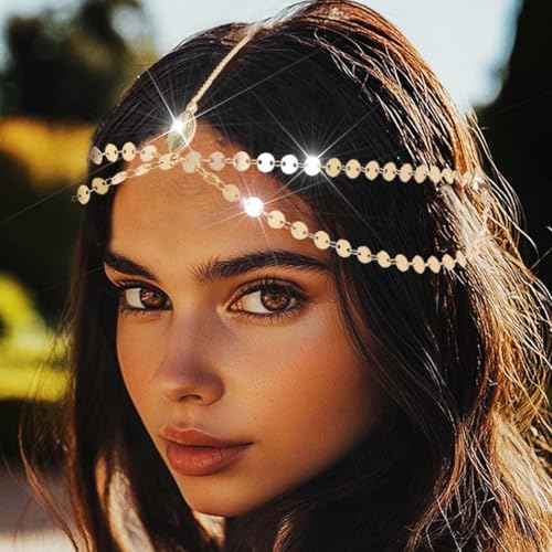 Yean Gold Sequins Head Chain Bohemian Hair Jewelry Headpiece Forehead Band Festival Headband Accessories for Women