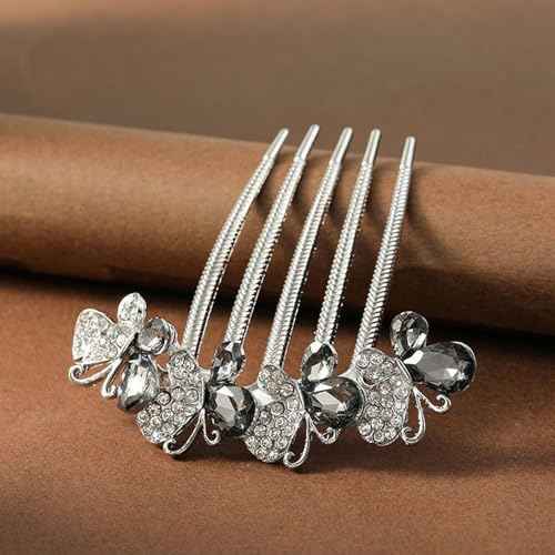 2 Pcs Rhinestones Butterfly Hair Side Combs Bride Crystal Hair Combs Clips for Women Girls Long Teeth Hair Clips Hair Accessories for Wedding Party Daily (A-Gray)