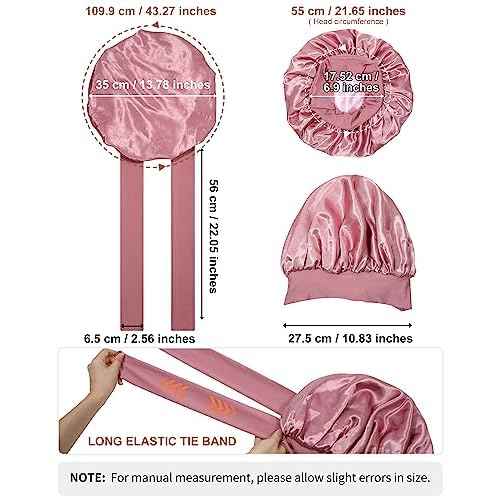 Satin Bonnet for Women Silk Bonnets for Sleeping Curly Hair Bonnet with Elastic Tie Band Reversible Double Layer Sleep Cap Hair Wrap (Bean Paste + Pink)