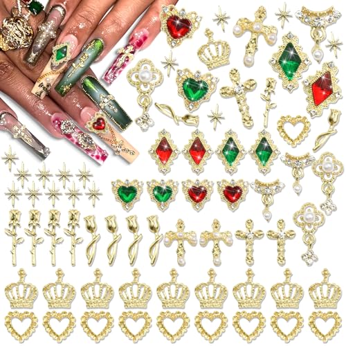 BELICEY 56Pcs 3D Gold Nail Charms Assorted Cross Star Heart Charms for Nails Alloy Rose Flower Crown Nail Decoration Luxury Nail Jewelry Green Red Gems Rhinestones for DIY Nail Art Design Crafts
