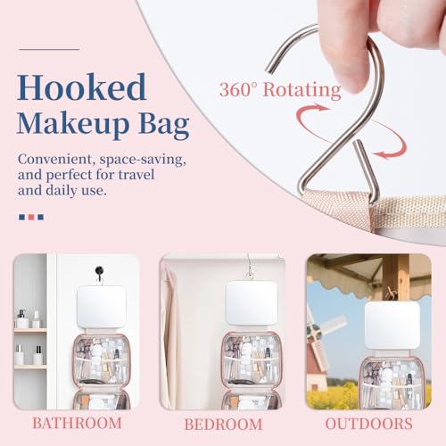 GLINT & GLIDE Travel Makeup Bag with Mirror-Hanging Toiletry Large Capacity, Organizer Toiletries Bag, Portable Cosmetic Case for Women and Girls, Pink