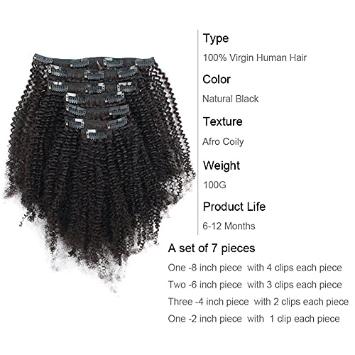 ABH AMAZINGBEAUTY HAIR Afro Coily Clip in Hair Extensions Real Human Hair 4B and 4C Double Wefts Remy Coily Clip ins for African Americans 120 Grams 7pcs 17 Clips, #1B Natural Black 14 Inch